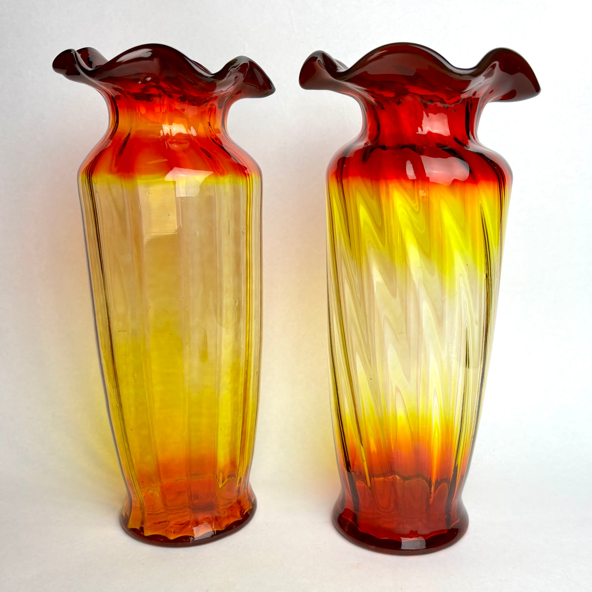 Pair Hand Blown Amberina Art Glass Vases Cadmium Glow 25cm