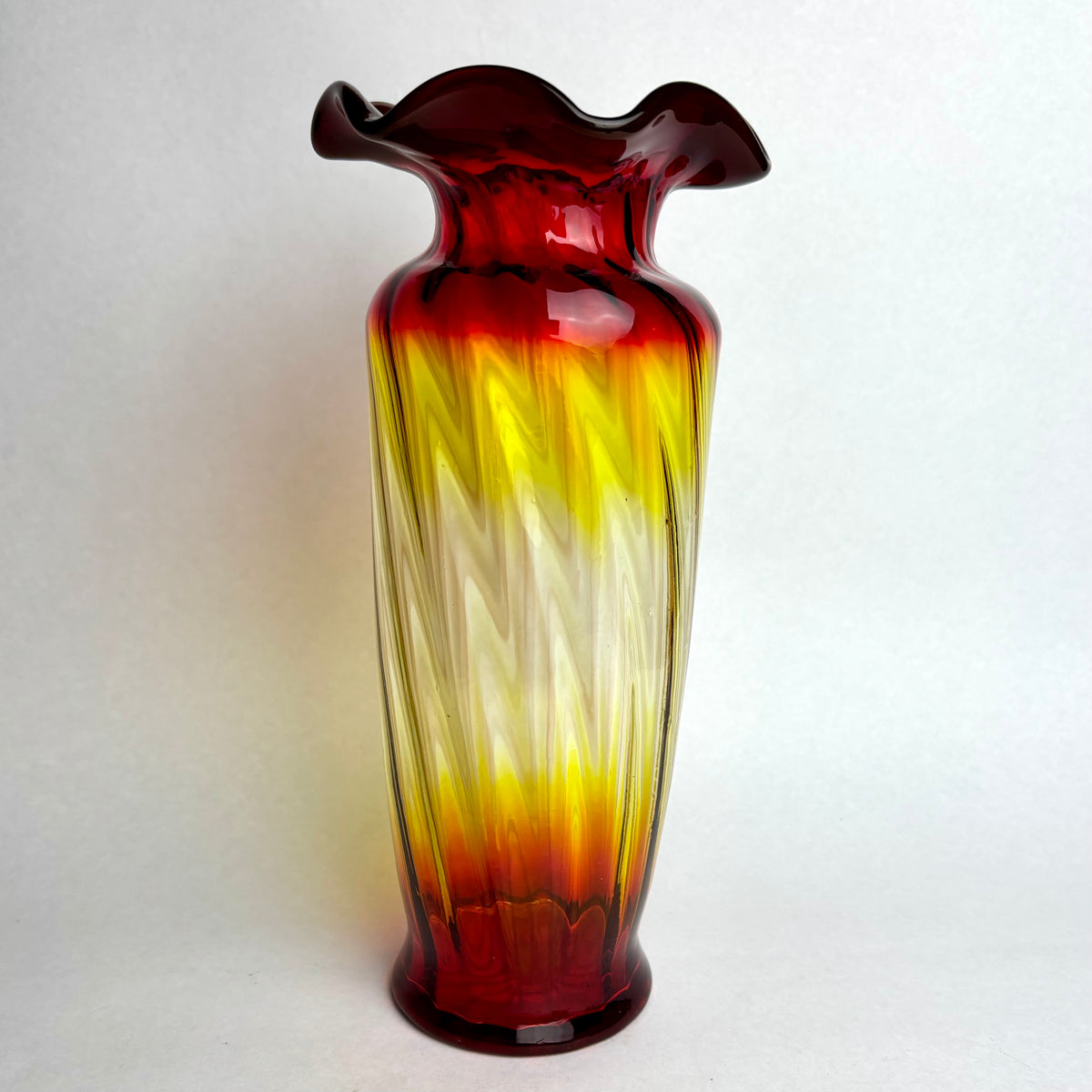 Pair Hand Blown Amberina Art Glass Vases Cadmium Glow 25cm