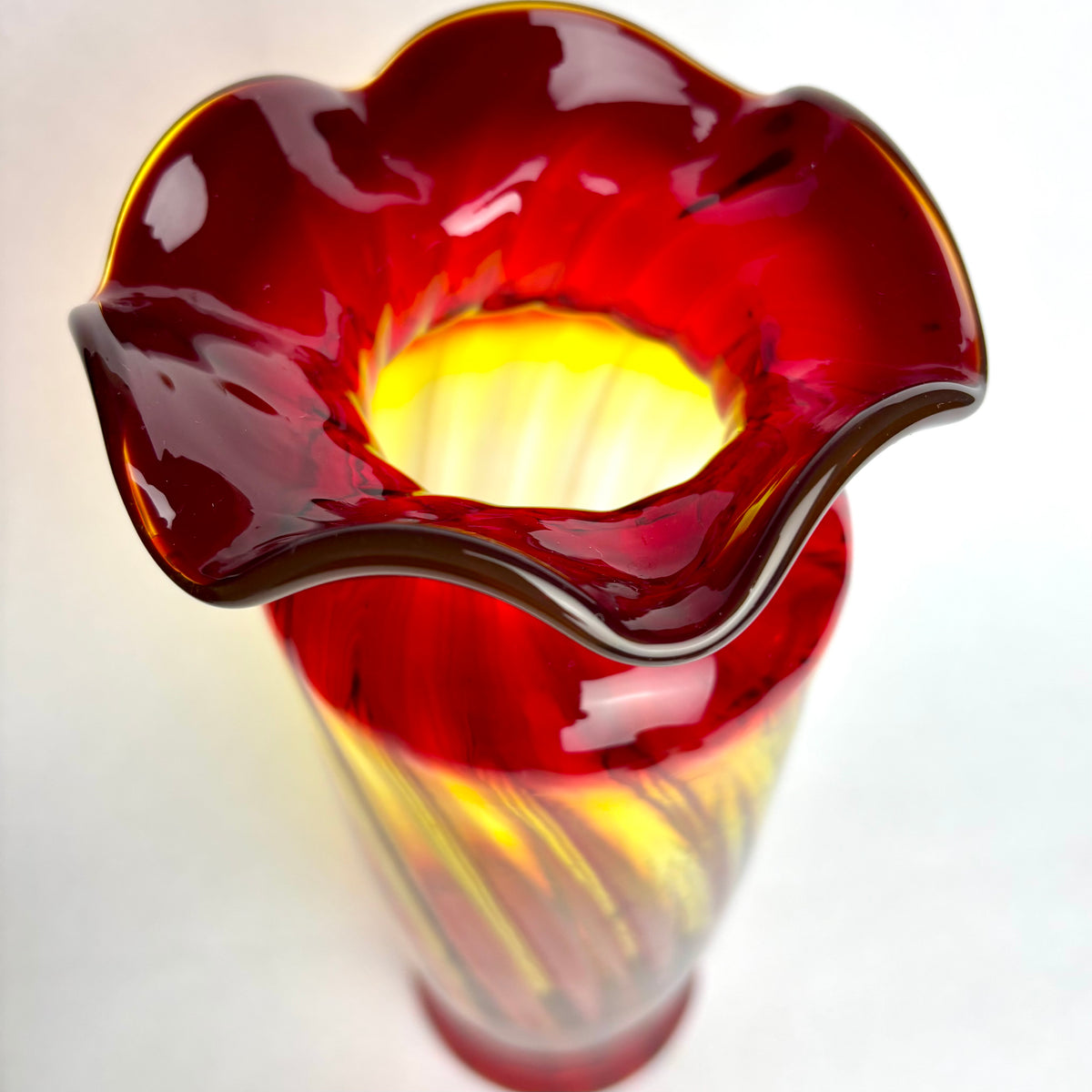 Pair Hand Blown Amberina Art Glass Vases Cadmium Glow 25cm