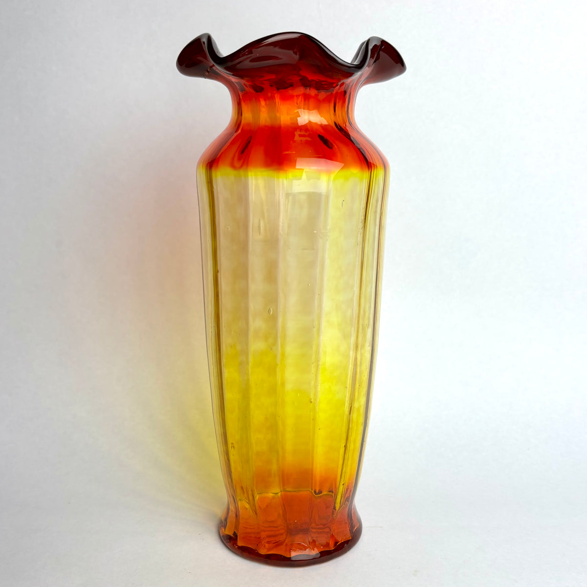 Pair Hand Blown Amberina Art Glass Vases Cadmium Glow 25cm
