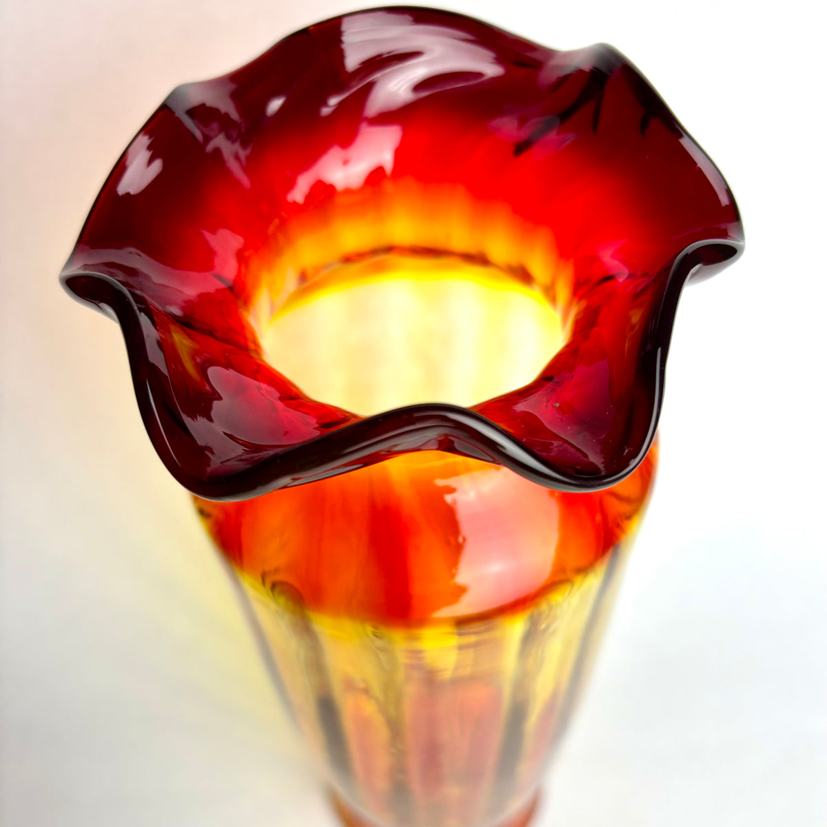Pair Hand Blown Amberina Art Glass Vases Cadmium Glow 25cm