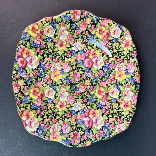 Rosina Bone China Chintz Cake Plate Black Floral England c.1940s–50s