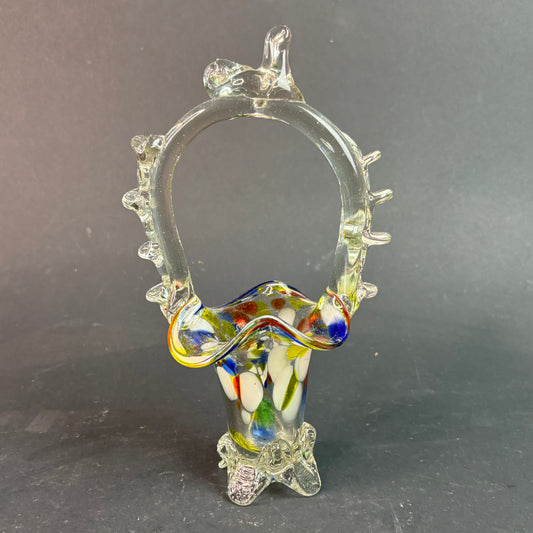Vintage Murano Style Miniature Art Glass Basket Vase – Multicolour Spatter with Applied Prunts