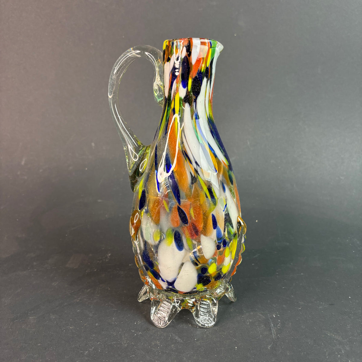Vintage Murano Style Art Glass Jug Vase – Multicolour Spatter with Applied Feet & Handle