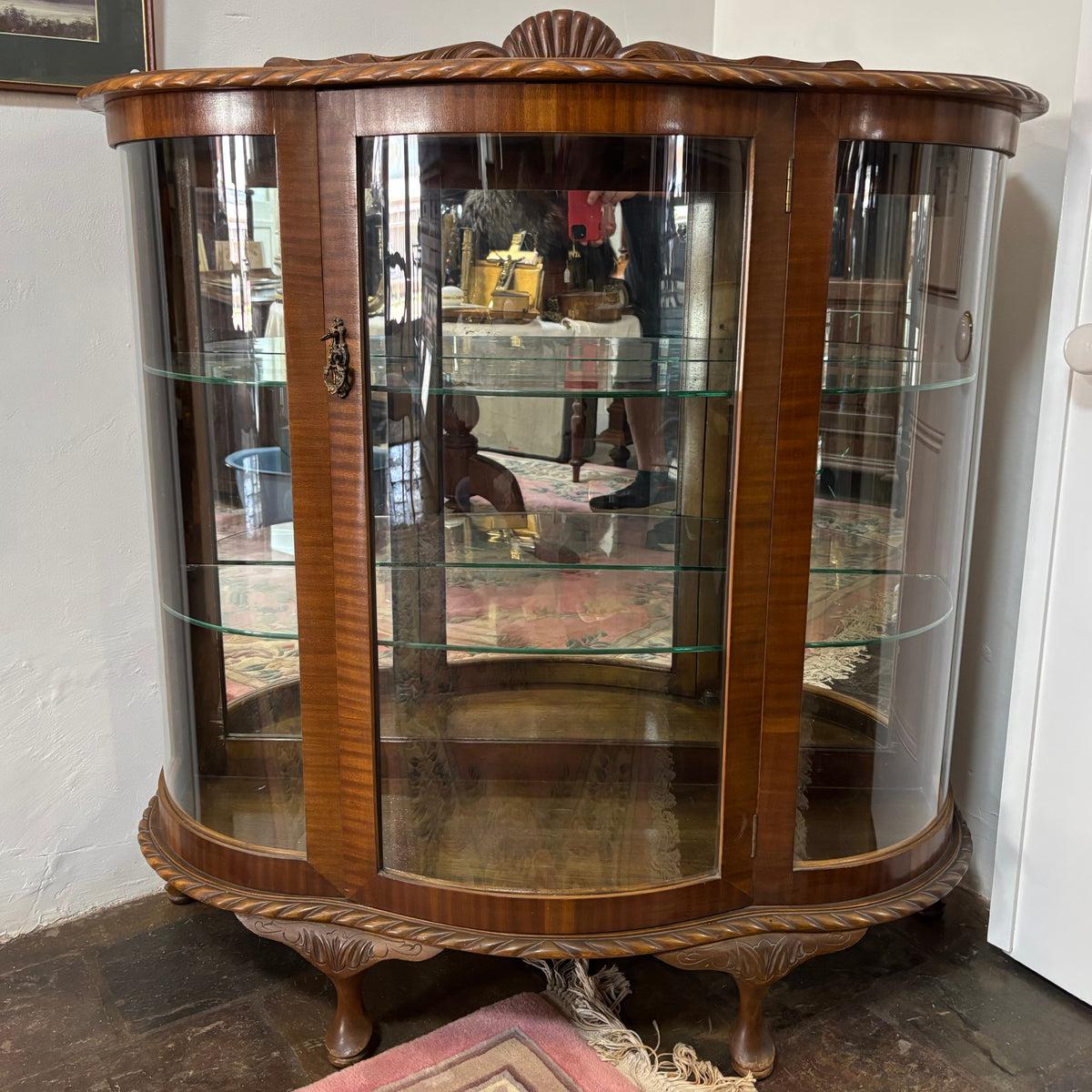 Vintage Walnut Veneer Bow Front Curved Glass Display Cabinet