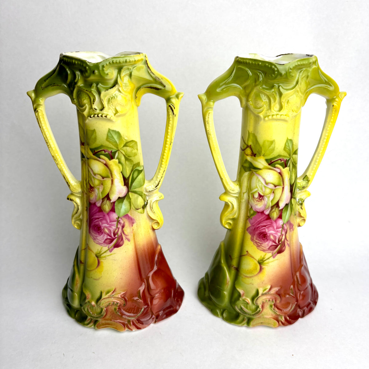 Pair of Antique English Vases – Art Nouveau Style with Roses (20cm)