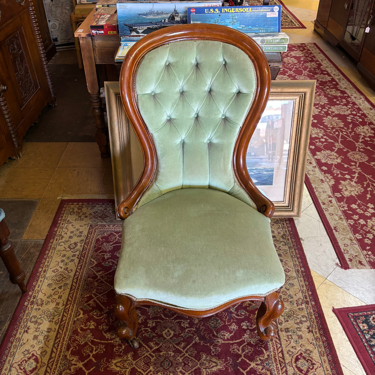 Victorian Balloon-Back Nursing Chair c.1890 – Green Upholstery