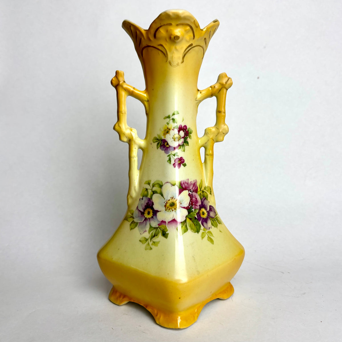 Antique English Vase – Bamboo Handle & Floral Motif (24cm)