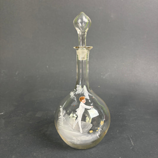 Antique Mary Gregory Style Glass Decanter – Tall Clear Glass with Enamel Figure & Stopper c.1880