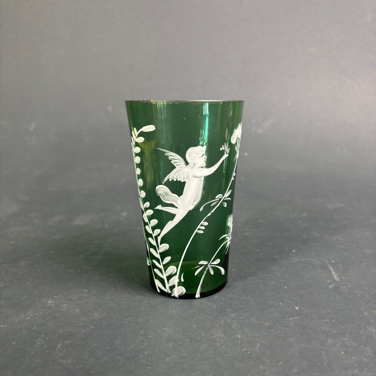 Antique Green Mary Gregory Style Glass Tumbler – Cherub / Cupid c.1880