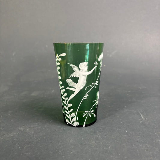 Antique Green Mary Gregory Style Glass Tumbler – Cherub / Cupid c.1880