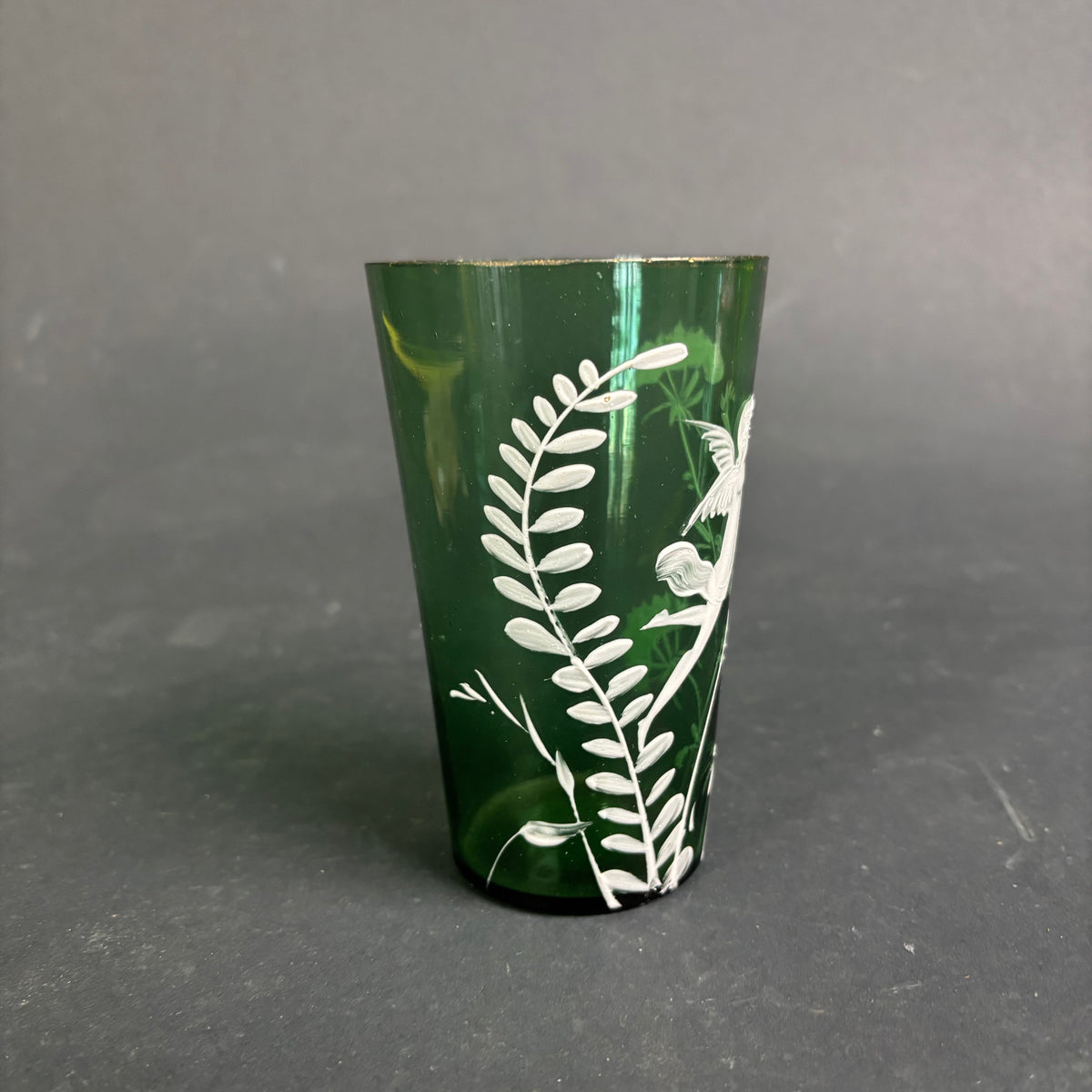 Antique Green Mary Gregory Style Glass Tumbler – Cherub / Cupid c.1880