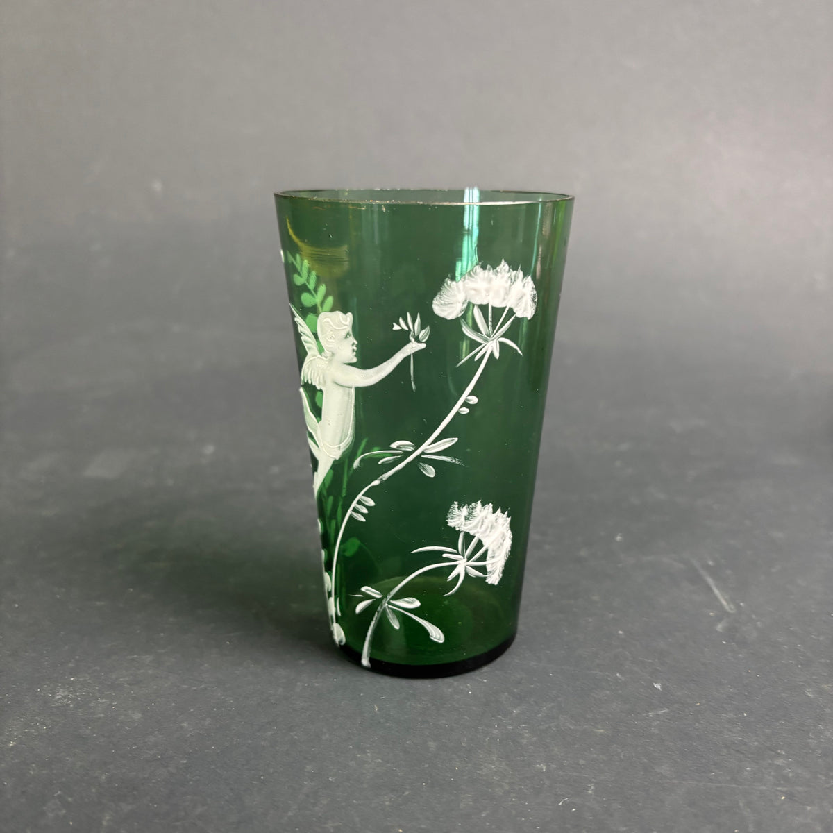 Antique Green Mary Gregory Style Glass Tumbler – Cherub / Cupid c.1880