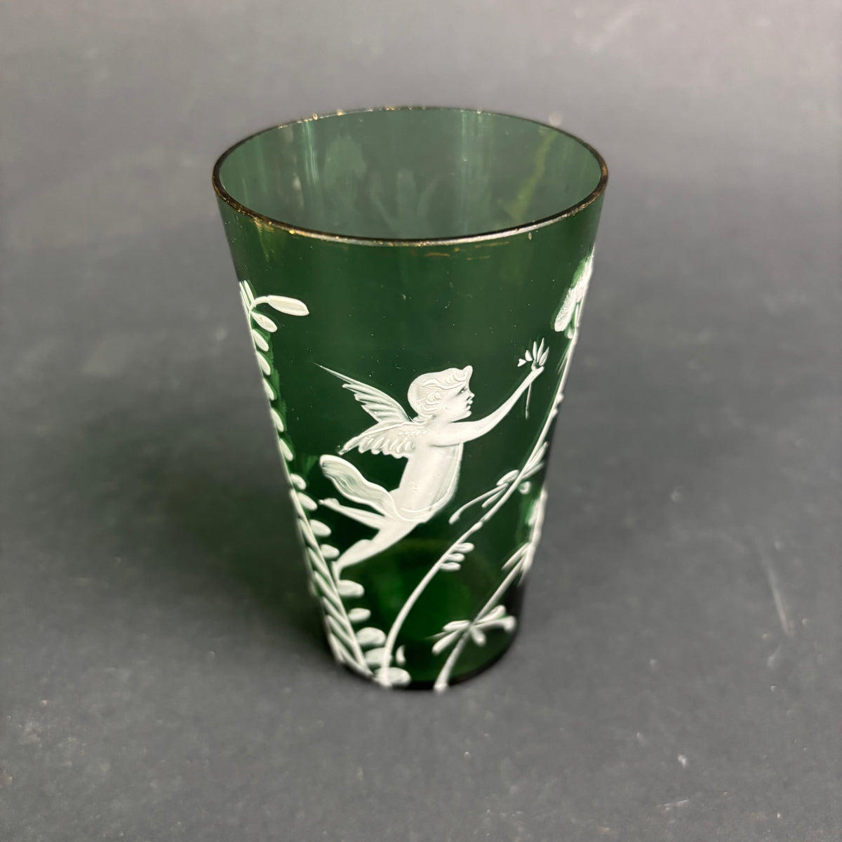 Antique Green Mary Gregory Style Glass Tumbler – Cherub / Cupid c.1880