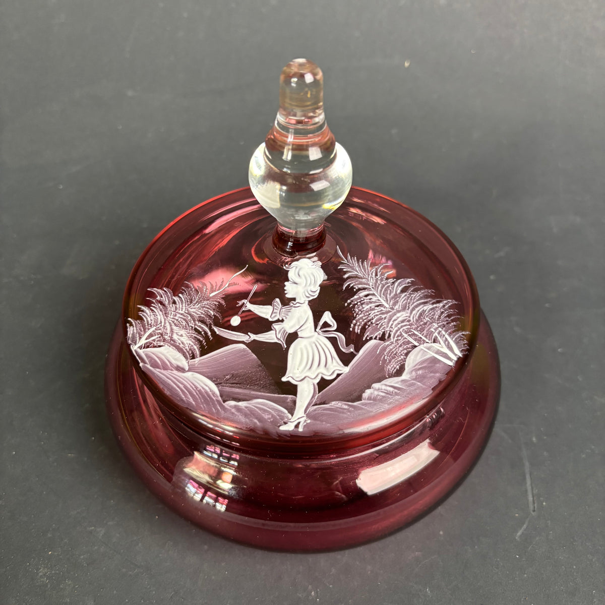 Victorian Mary Gregory Cranberry Glass Lidded Trinket Dish c.1880