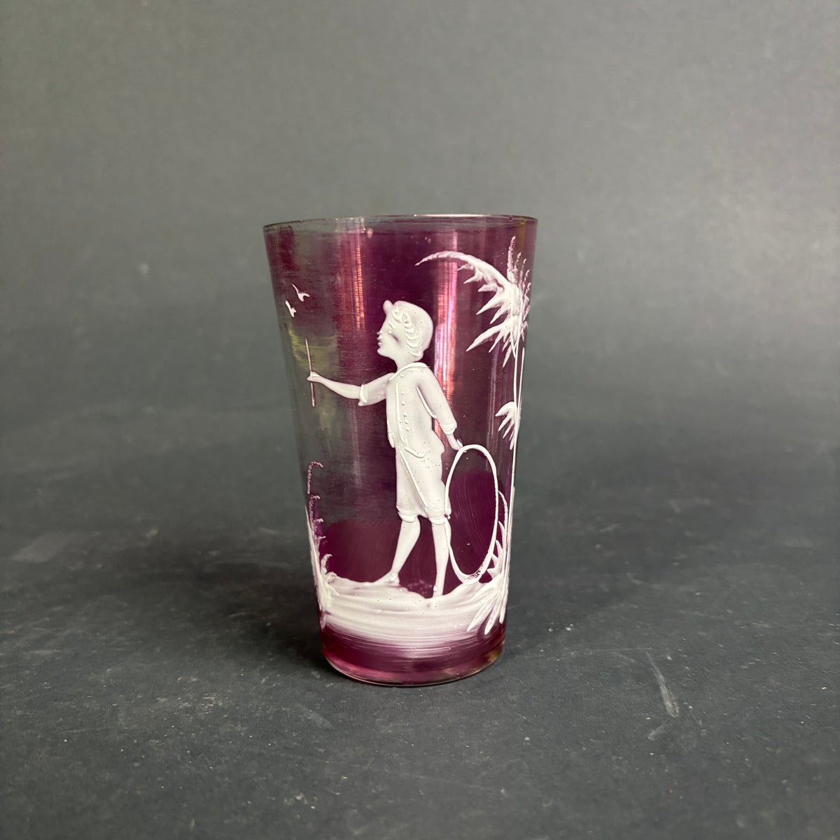 Antique Cranberry Mary Gregory Style Glass Tumbler – Boy with Hoop c.1880
