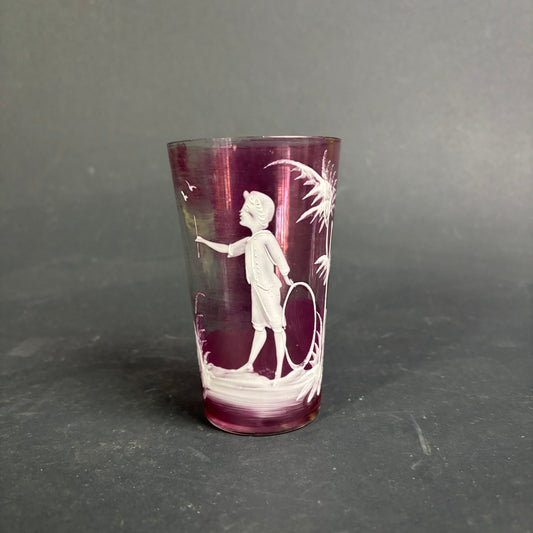 Antique Cranberry Mary Gregory Style Glass Tumbler – Boy with Hoop c.1880
