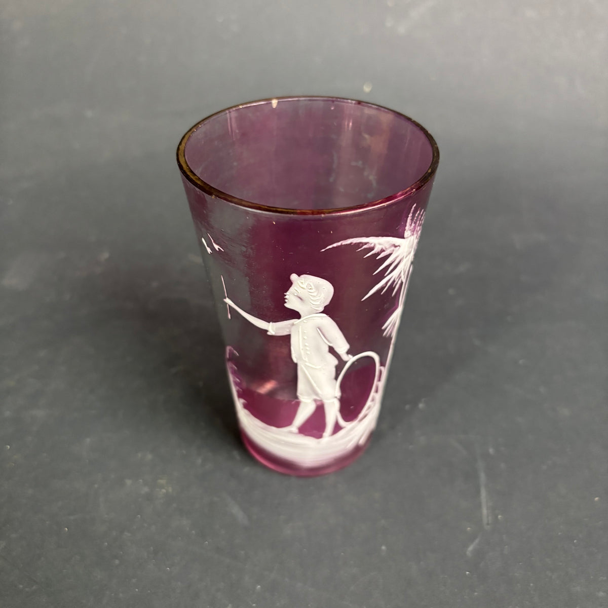 Antique Cranberry Mary Gregory Style Glass Tumbler – Boy with Hoop c.1880
