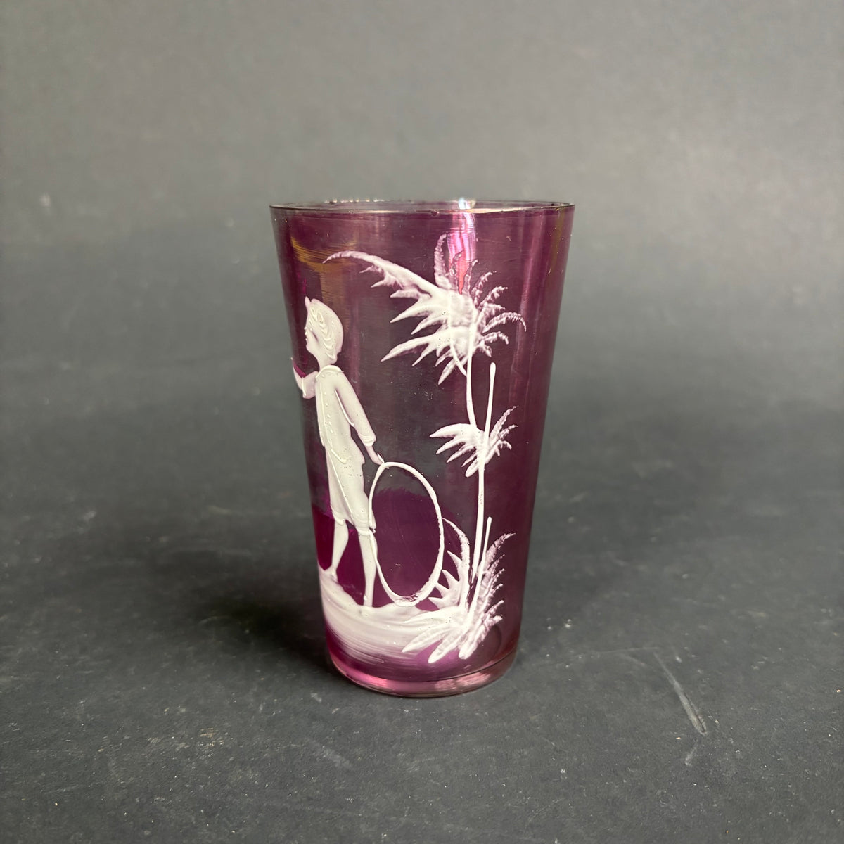 Antique Cranberry Mary Gregory Style Glass Tumbler – Boy with Hoop c.1880