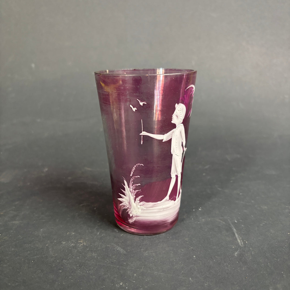 Antique Cranberry Mary Gregory Style Glass Tumbler – Boy with Hoop c.1880