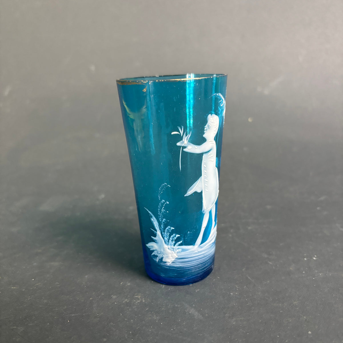 Bohemian Blue Glass Tumbler Mary Gregory Style Enamel c.1900