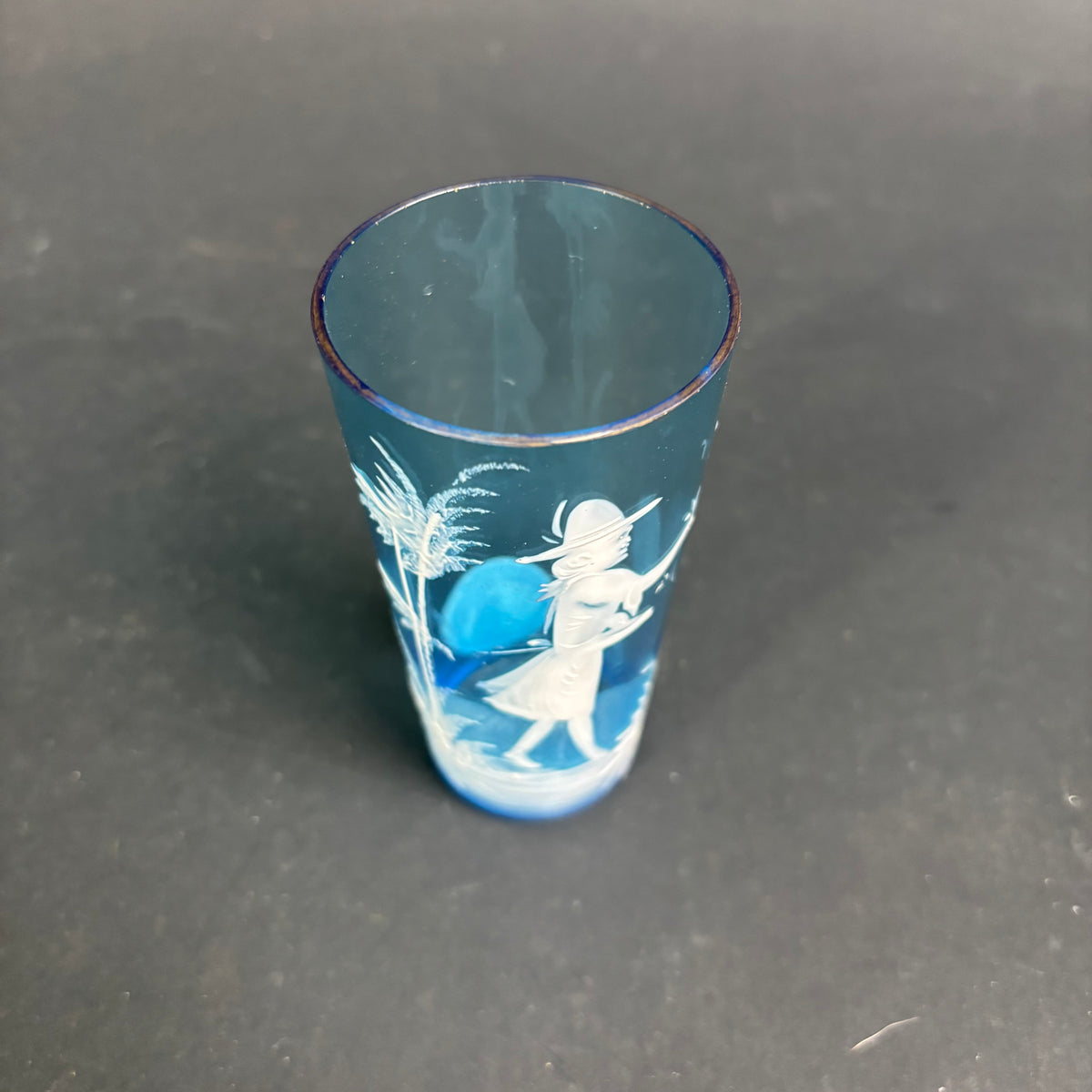 Bohemian Blue Glass Tumbler Mary Gregory Style Enamel Figure c.1900
