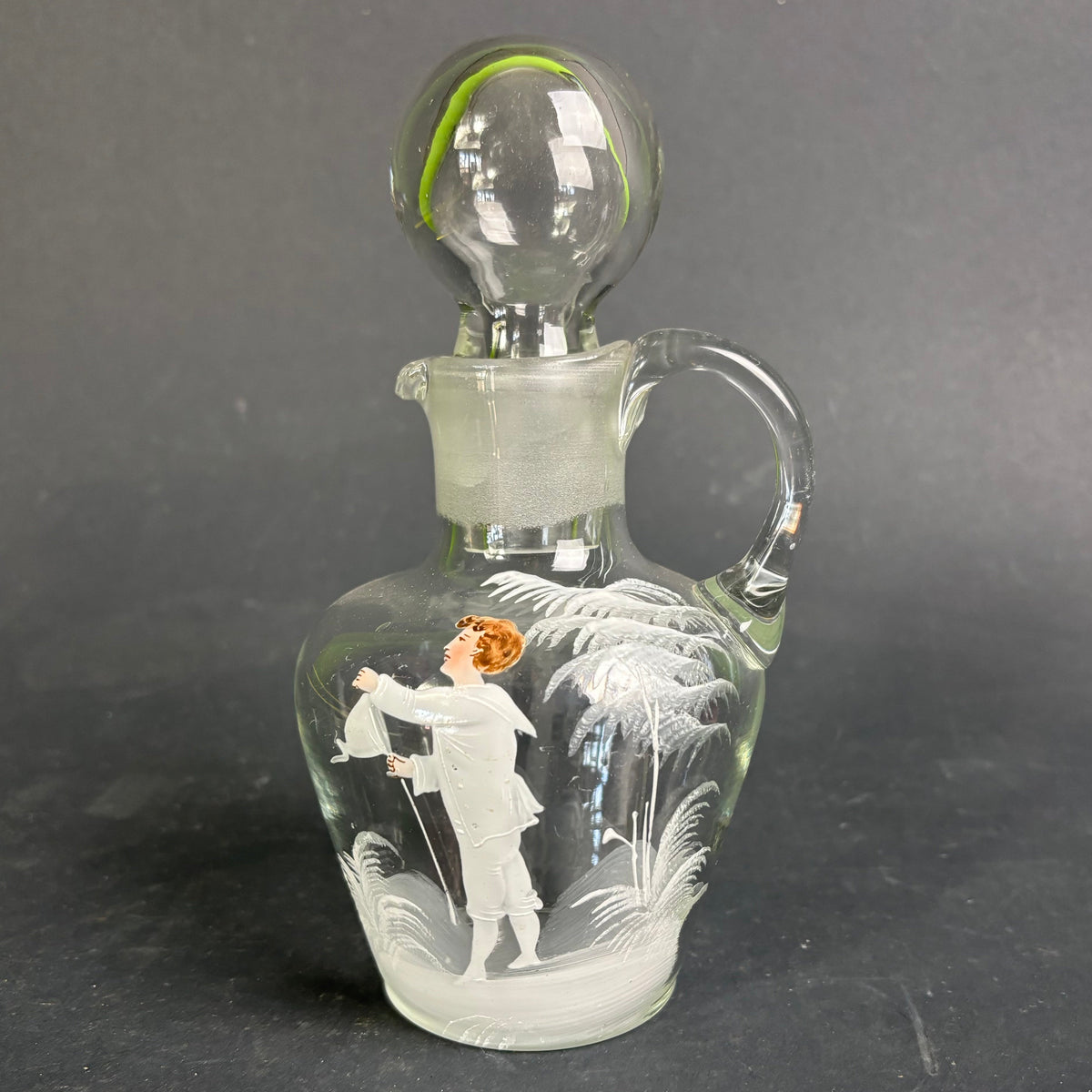 Antique Mary Gregory Style Glass Decanter – Clear Glass with Enamel Figure & Stopper c.1880