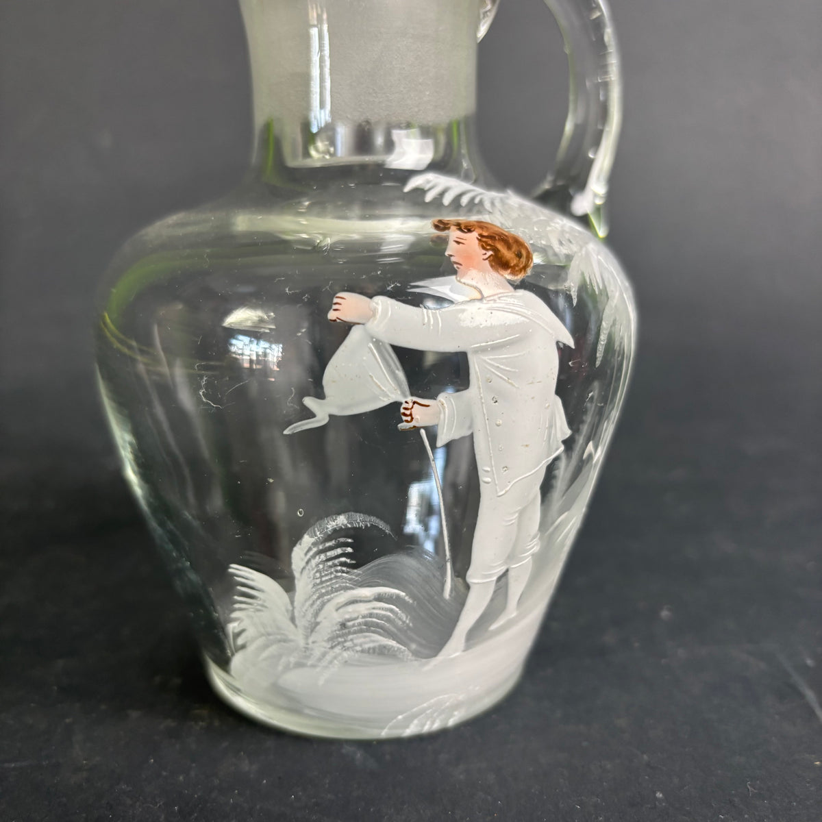 Antique Mary Gregory Style Glass Decanter – Clear Glass with Enamel Figure & Stopper c.1880