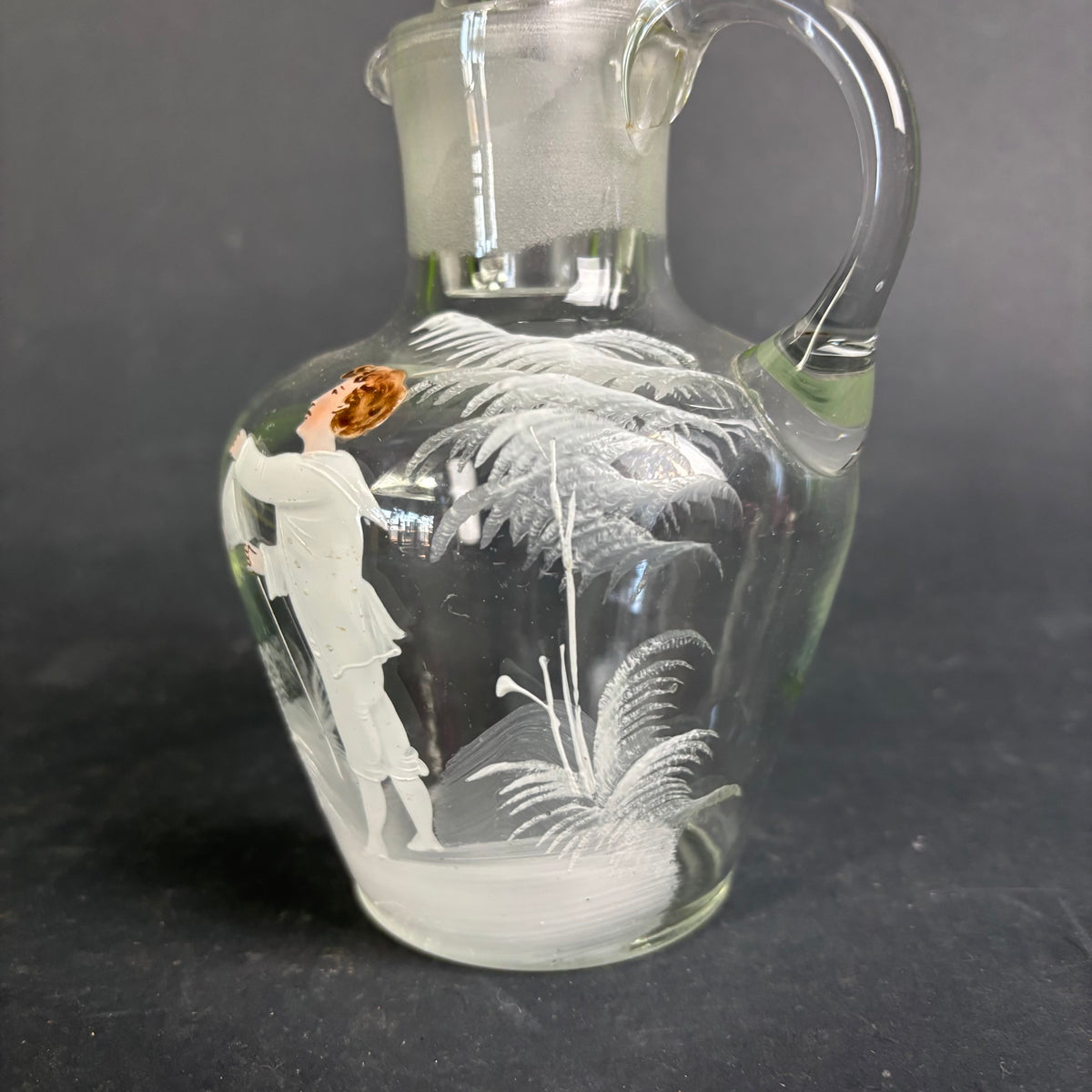 Antique Mary Gregory Style Glass Decanter – Clear Glass with Enamel Figure & Stopper c.1880