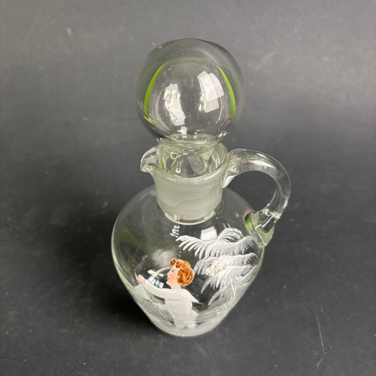Antique Mary Gregory Style Glass Decanter – Clear Glass with Enamel Figure & Stopper c.1880