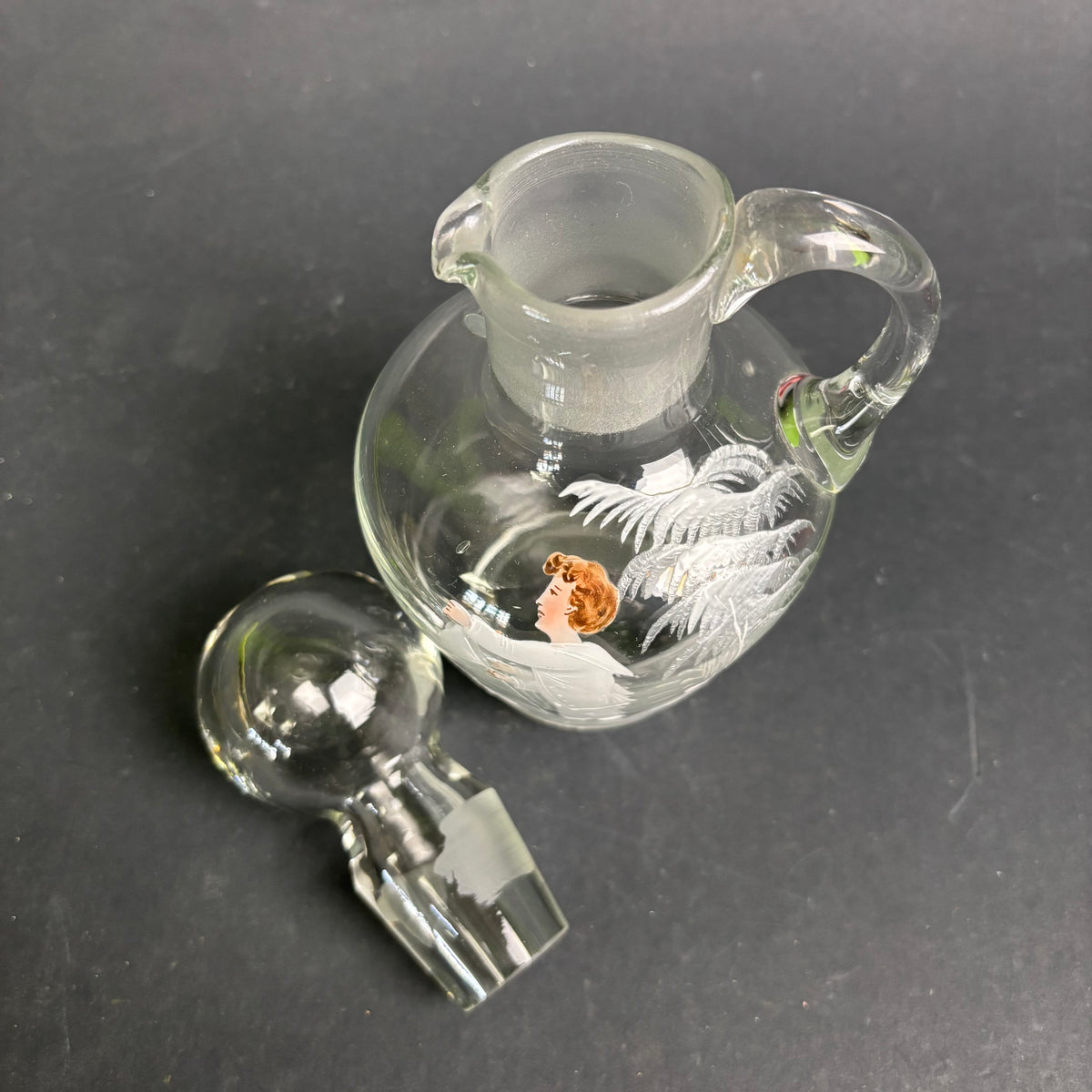 Antique Mary Gregory Style Glass Decanter – Clear Glass with Enamel Figure & Stopper c.1880