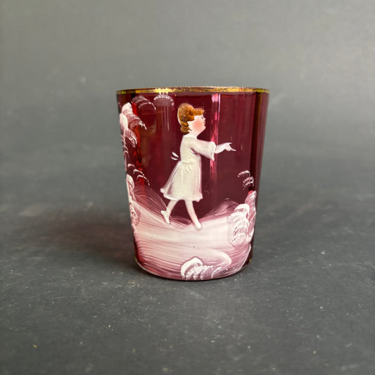 Antique Cranberry Mary Gregory Style Glass Tumbler – Enamel Child Scene c.1880