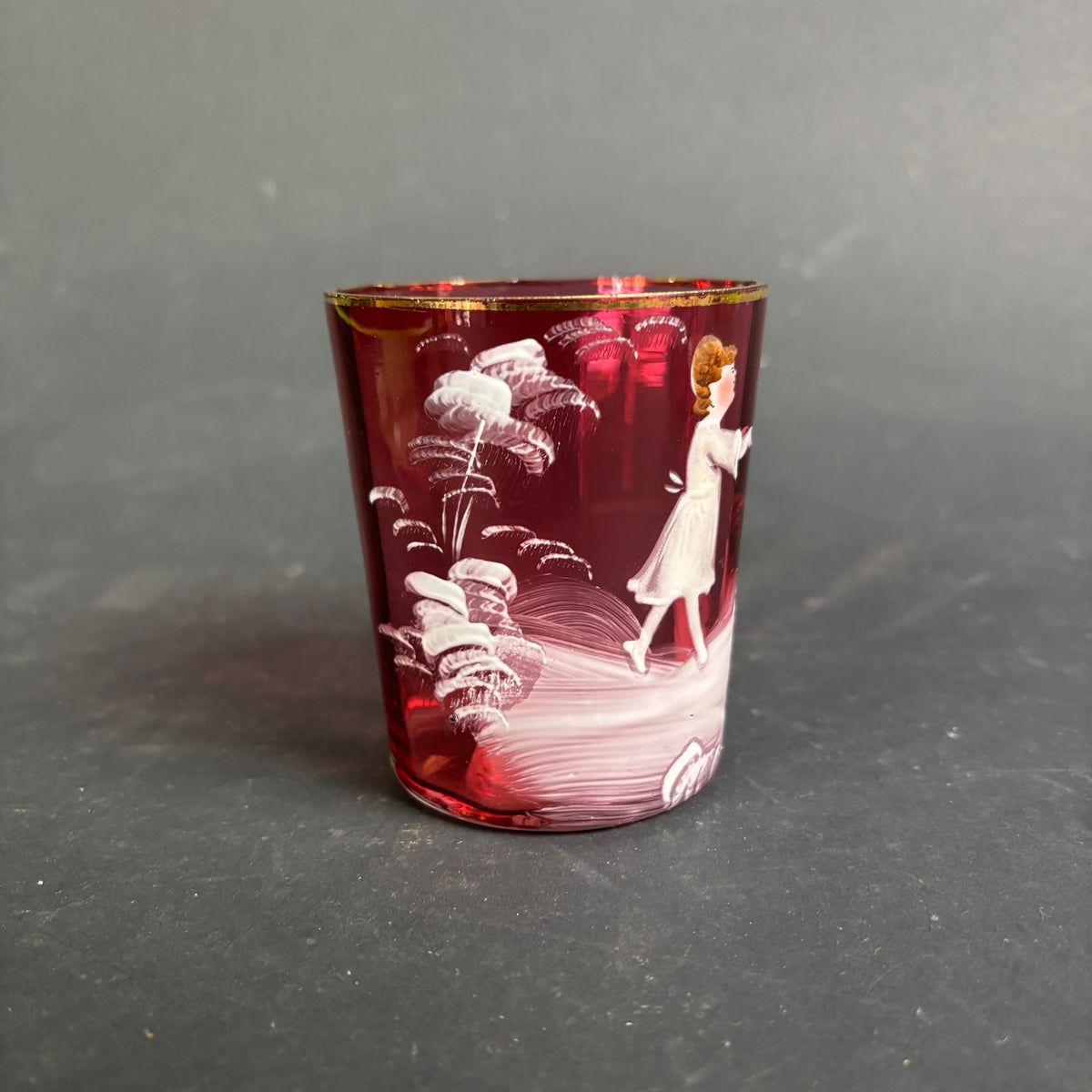 Antique Cranberry Mary Gregory Style Glass Tumbler – Enamel Child Scene c.1880