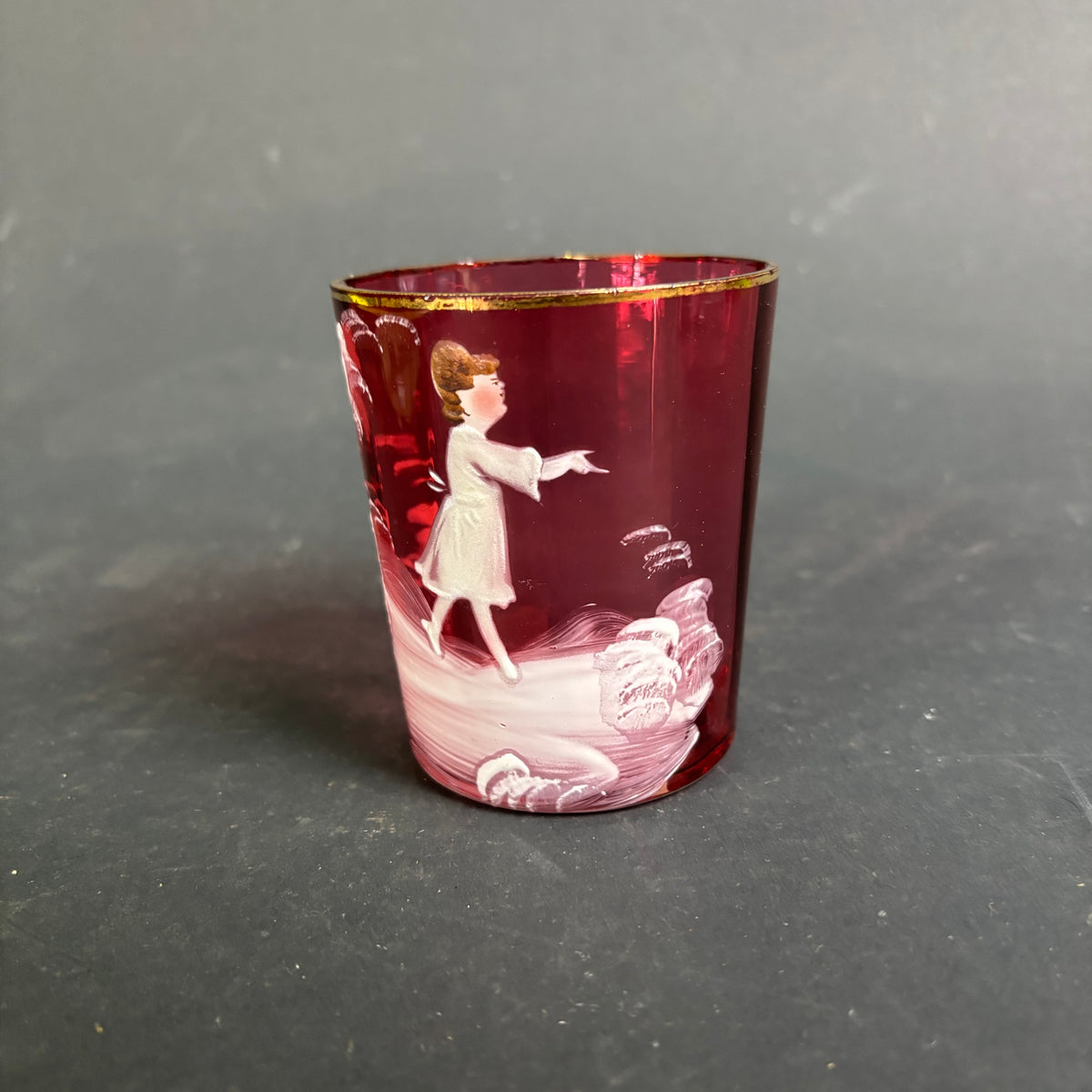 Antique Cranberry Mary Gregory Style Glass Tumbler – Enamel Child Scene c.1880