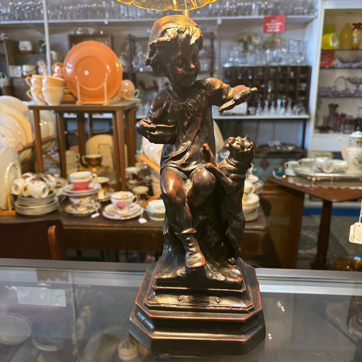 Vintage Figural Lamp – Child & Dog Sculpture with Amber Glass Shade