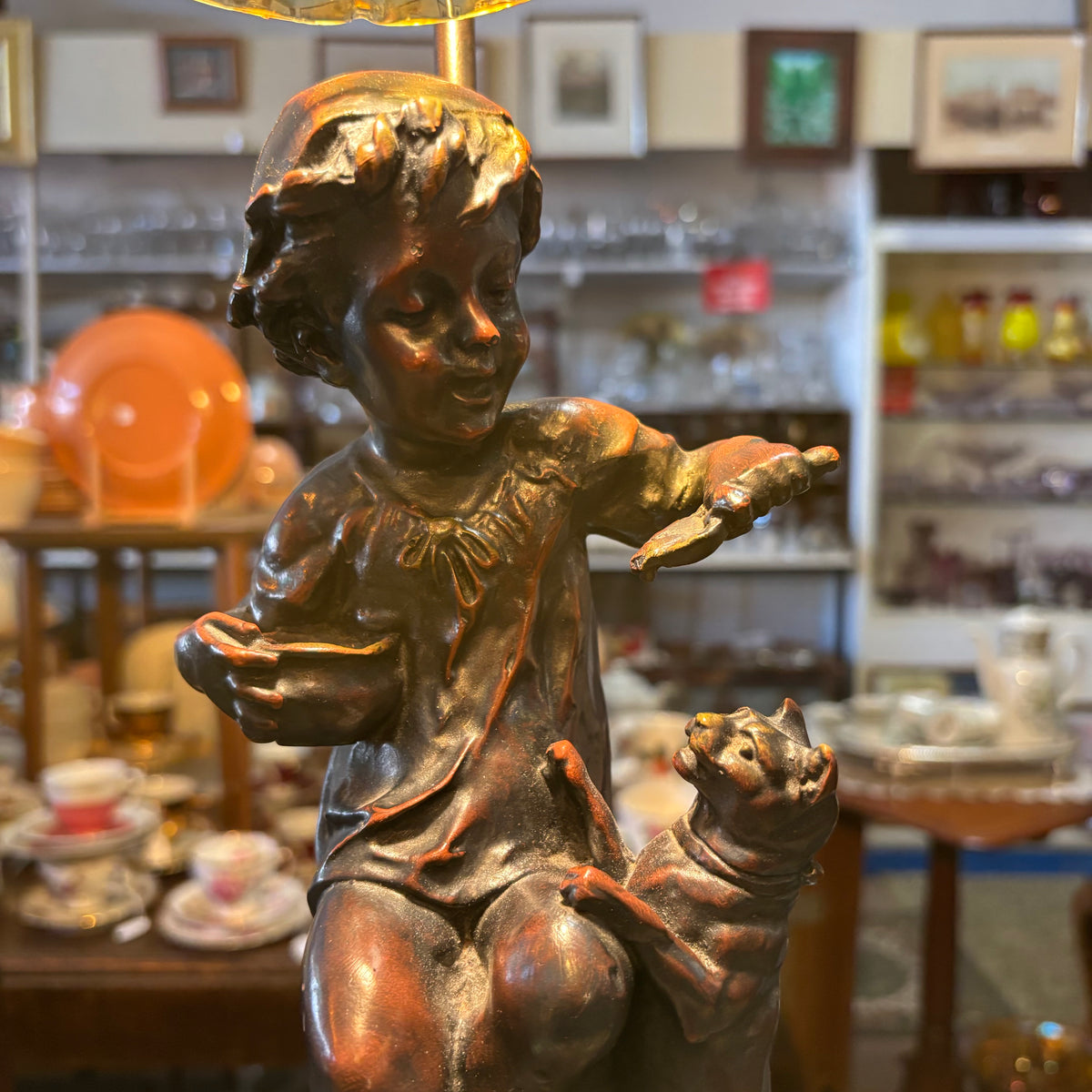 Vintage Figural Lamp – Child & Dog Sculpture with Amber Glass Shade
