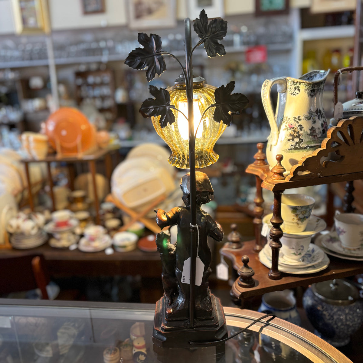 Vintage Figural Lamp – Child & Dog Sculpture with Amber Glass Shade
