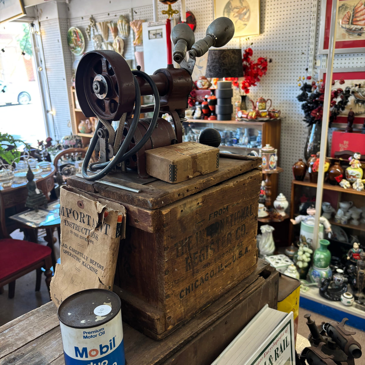 International “Cutawl” Electric Cloth Cutting Machine with Original Crate (c. 1910s–1920s)