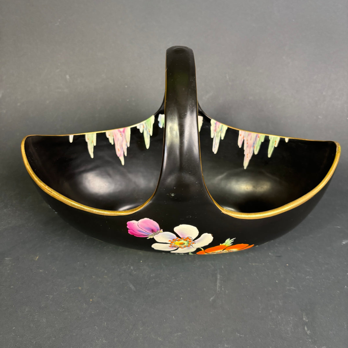 Vintage Falcon Ware Hand-Painted Twin Basket Dish – Black Floral Lustreware Bowl