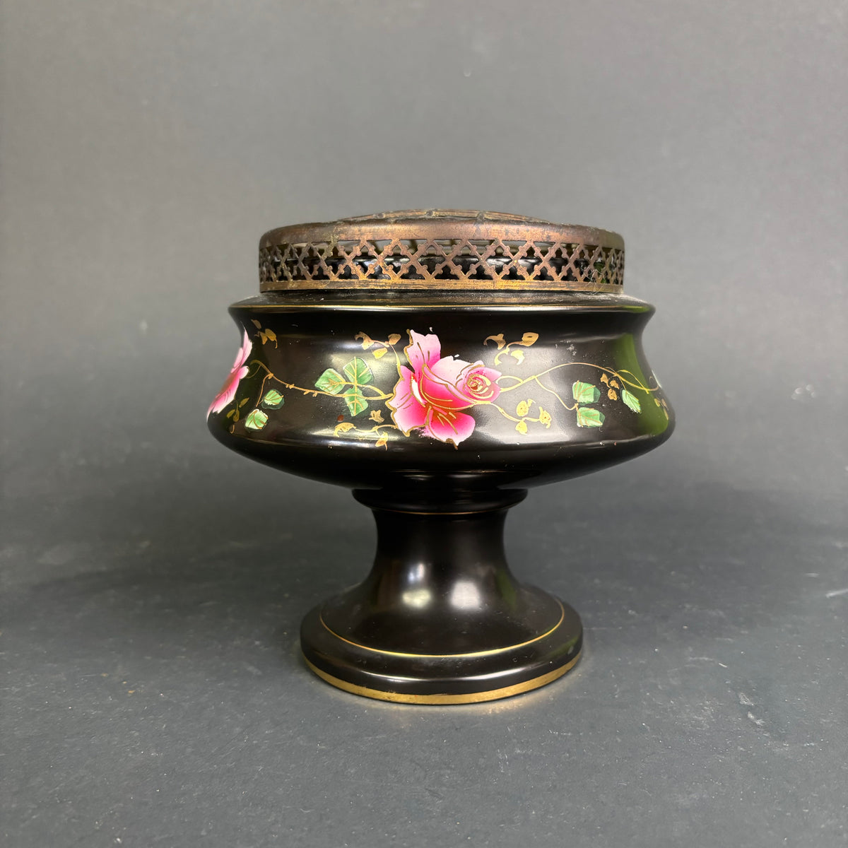 Vintage Staffordshire Blackware Flower Frog Vase – Hand-Painted Pink Rose Posy Bowl