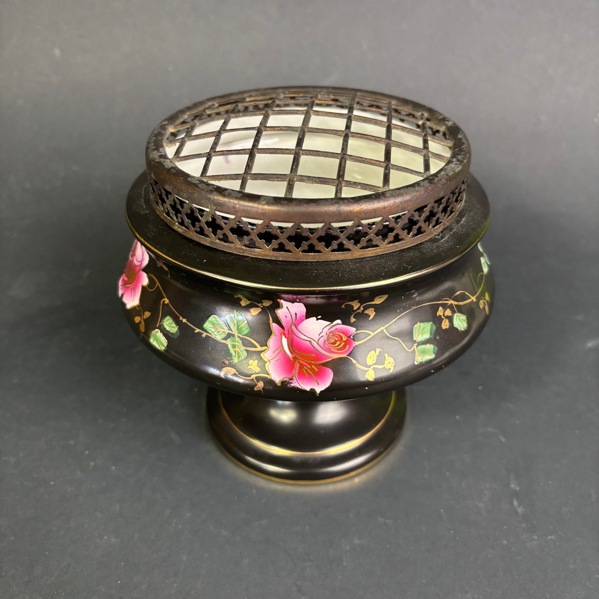 Vintage Staffordshire Blackware Flower Frog Vase – Hand-Painted Pink Rose Posy Bowl