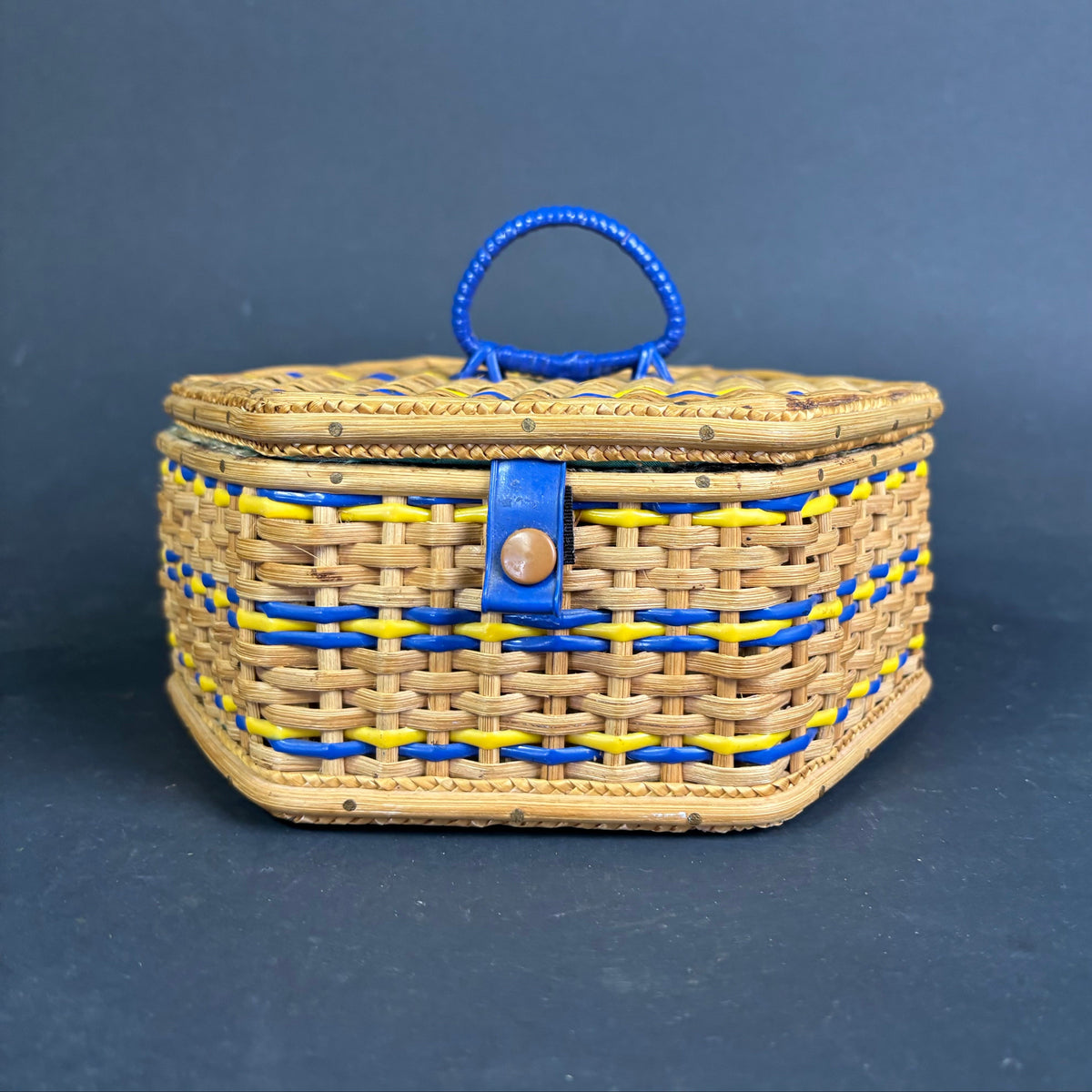 Vintage Hexagonal Sewing Basket with Blue & Yellow Detail