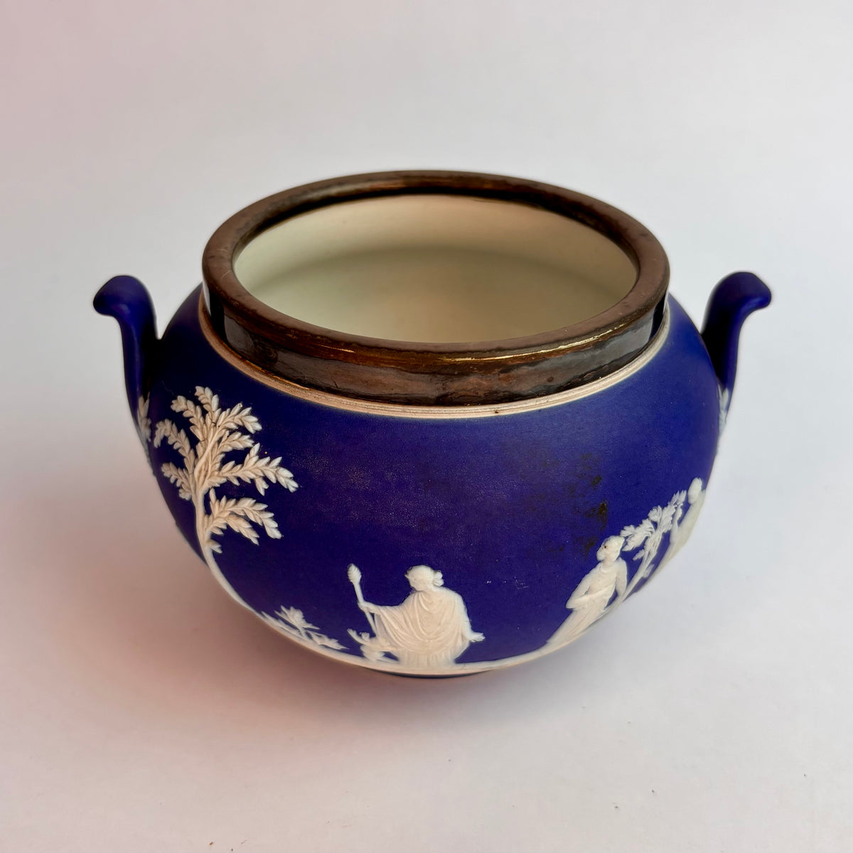 Antique Blue Jasperware Sugar Bowl with Metal Rim Wedgwood, England, late 19th – early 20th century