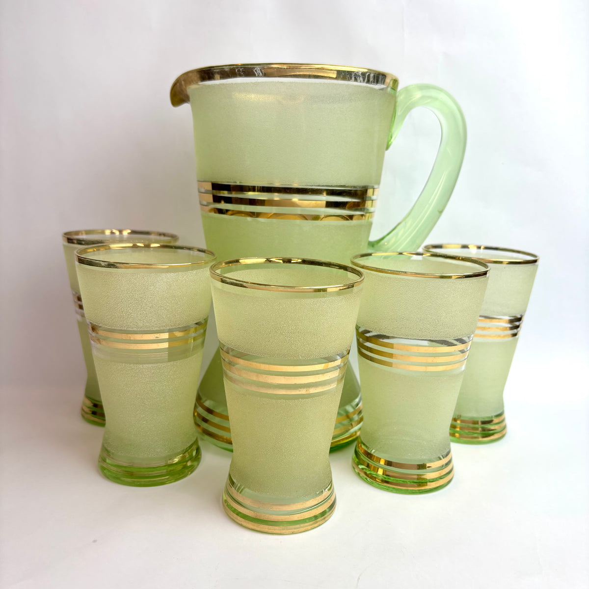 1930s Art Deco Uranium Glass Lemonade Set – Jug & 5 Tumblers