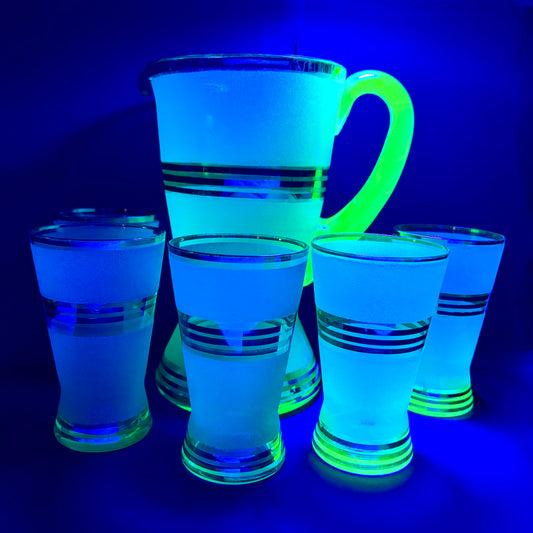 1930s Art Deco Uranium Glass Lemonade Set – Jug & 5 Tumblers