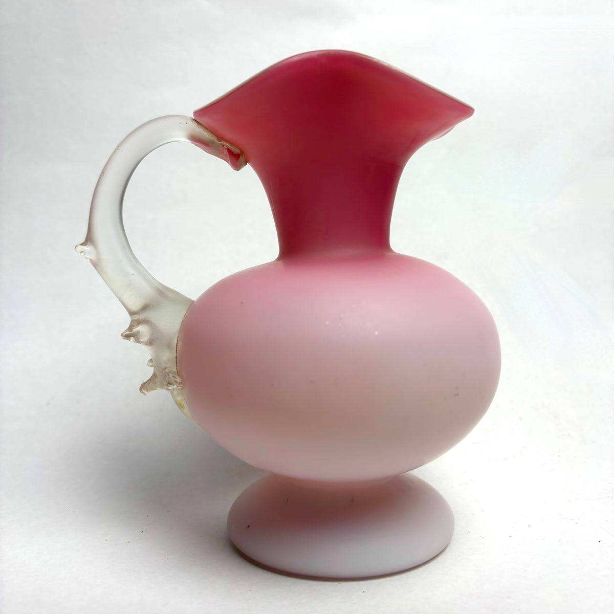 Victorian Satin Glass Jug Cranberry Pink Thorn Handle Ewer