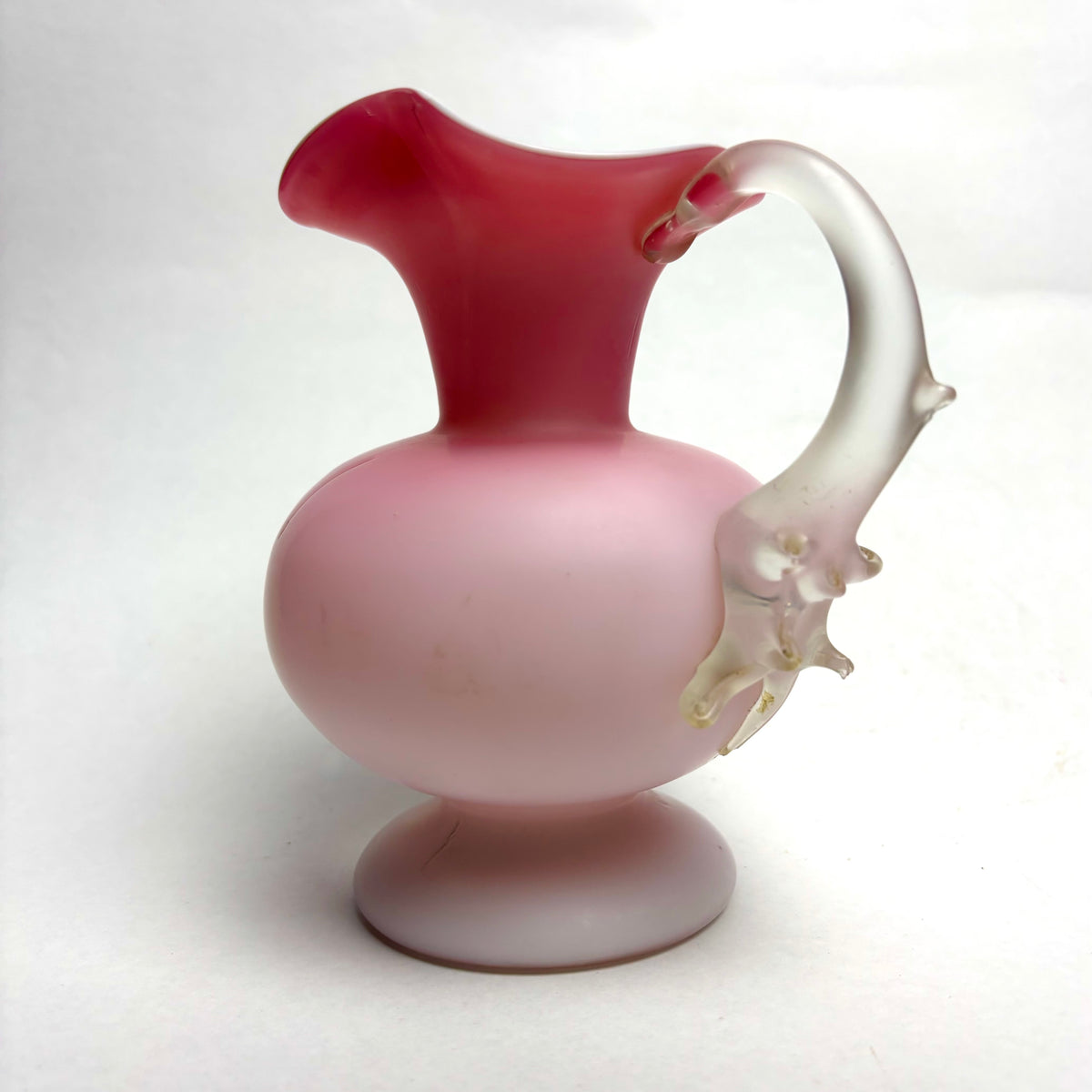 Victorian Satin Glass Jug Cranberry Pink Thorn Handle Ewer