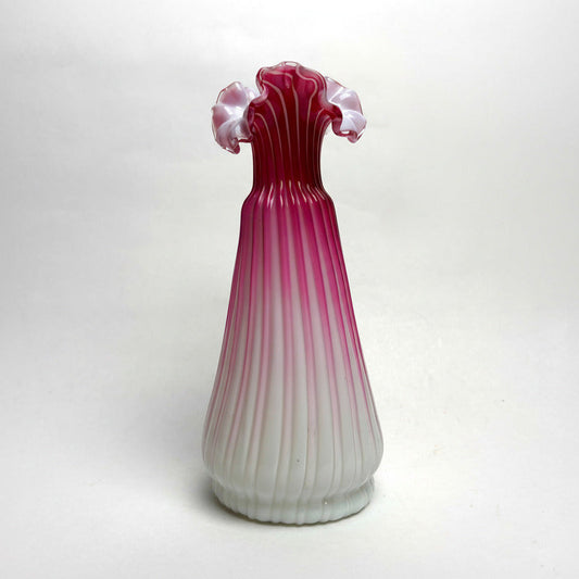 Antique Victorian Pink Ribbed Satin Glass Vase with a Ruffled Rim, standing 20cm tall