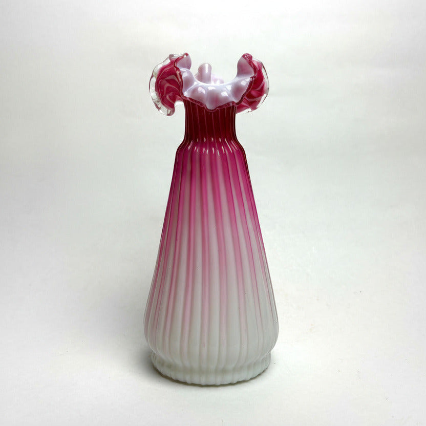 Victorian Cranberry Satin Glass Vase Ribbed Ruffled Pink Milk Glass
