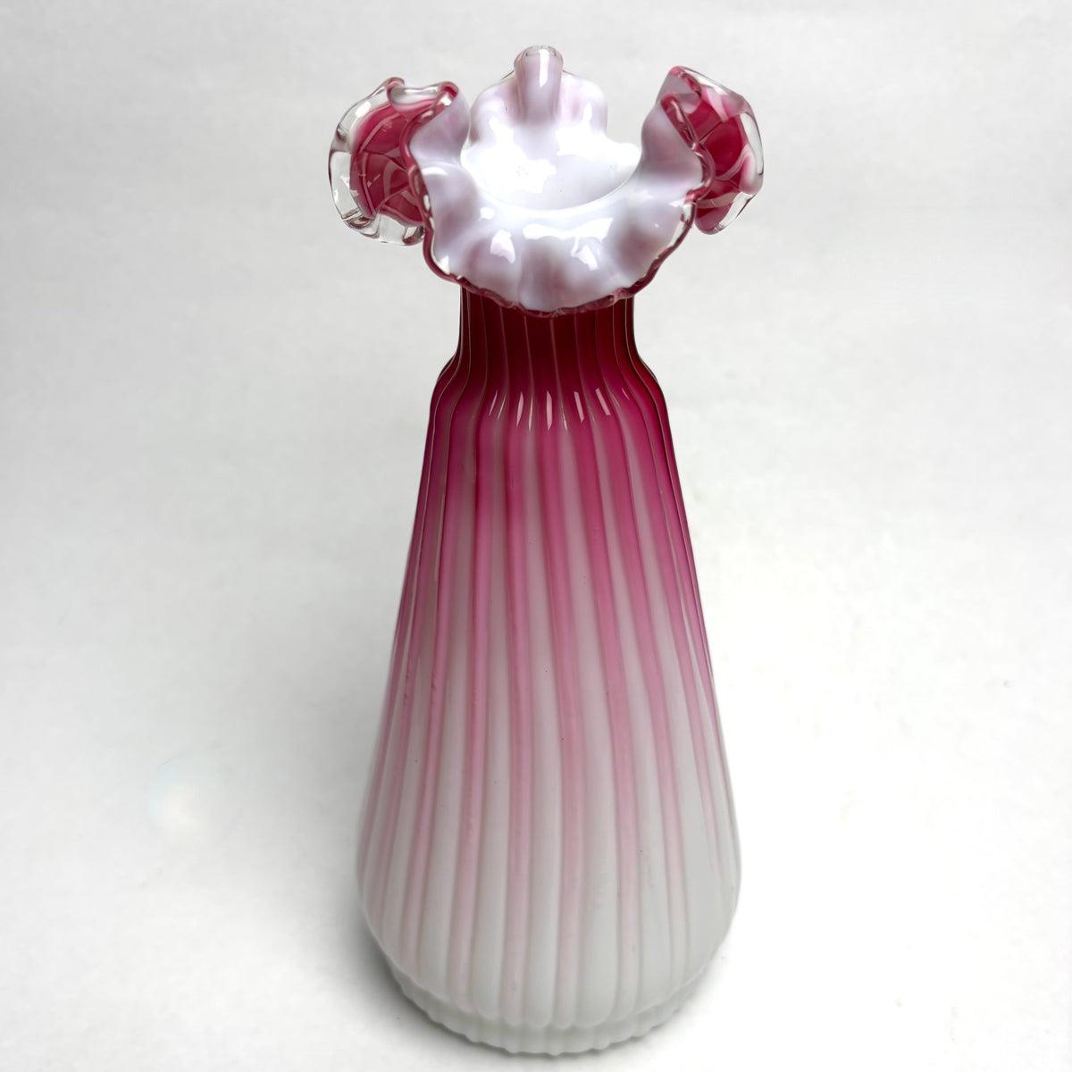 Victorian Cranberry Satin Glass Vase Ribbed Ruffled Pink Milk Glass